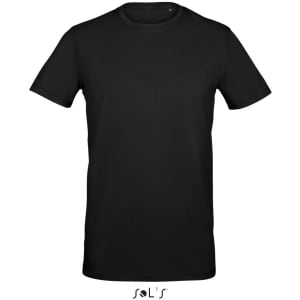 A black men's round neck jersey T-shirt made from 95% semi combed ring spun cotton and 5% elastane. Features branding.
