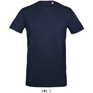 A navy blue men's round neck T-shirt made from 95% semi combed ring spun cotton and 5% elastane, featuring a logo.