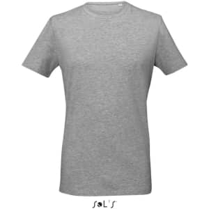A grey men's round neck T-shirt made of 95% semi combed ring spun cotton and 5% elastane, featuring a logo.