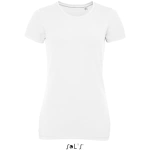 A women's white round neck T-shirt made from 95% semi-combed ring spun cotton and 5% elastane, featuring a logo.