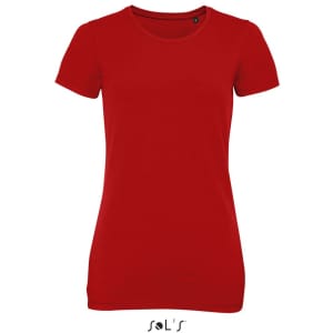 A red women's round neck T-shirt made of 95% semi-combed ring spun cotton and 5% elastane, featuring a logo.