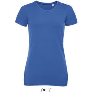 A blue women's T-shirt with a round neck, made from 95% semi-combed ring-spun cotton and 5% elastane.