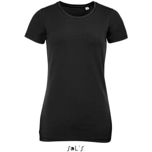 Black women's round neck T-shirt made from 95% semi-combed ring spun cotton and 5% elastane, featuring a logo.