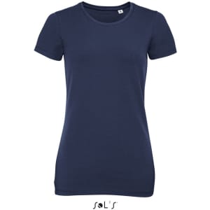 A navy women's round neck T-shirt made from 95% semi-combed ring spun cotton and 5% elastane, featuring a logo.