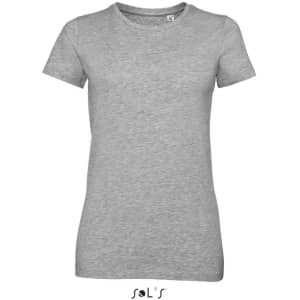 A women's grey round neck T-shirt made from 95% semi-combed ring-spun cotton and 5% elastane. Features a logo.