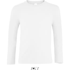 A white long sleeve T-shirt for kids made from 100% semi combed ring spun cotton with a brand logo.