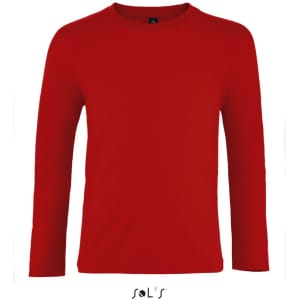 A red long-sleeve T-shirt for kids made from 100% semi-combed ring-spun cotton, featuring a logo.