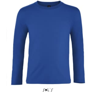 A long sleeve kids' T-shirt in blue, made from 100% semi-combed ring-spun cotton, featuring a logo.