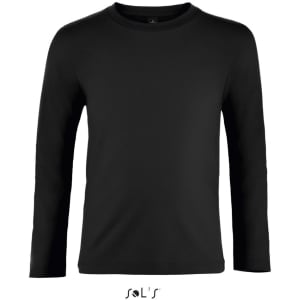 A black long sleeve T-shirt for kids made from 100% semi-combed ring-spun cotton, featuring a brand logo.