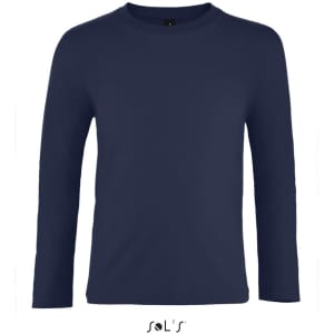 A navy long sleeve kids' T-shirt made from 100% semi-combed ring-spun cotton, featuring a logo at the bottom.