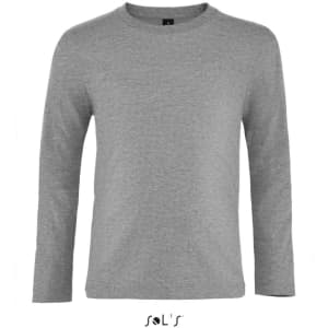 A long sleeve kids' T-shirt in grey, made from 100% semi-combed ring spun cotton, featuring a logo.
