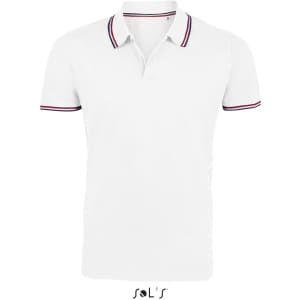 A white men's polo shirt made of 100% cotton, featuring contrasting striped details on the collar and sleeves.