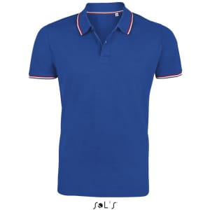 A blue men's polo shirt made of 100% cotton with contrasting red and white collar trim. Features a logo.
