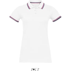 A white women's polo shirt made of 100% cotton, featuring a neat collar with red and navy stripes and a logo.