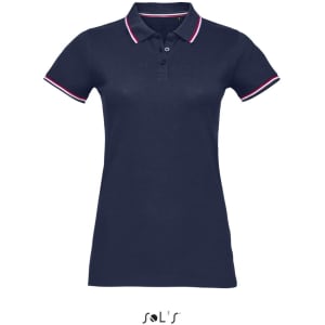 A women's polo shirt in navy blue with contrasting red and white collar detailing, featuring a logo.