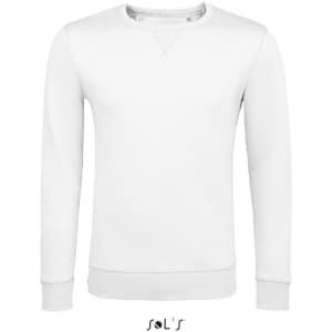 A unisex round neck sweatshirt in white, made from 100% cotton, featuring a simple design and branding logo.