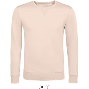 A light beige unisex round neck sweatshirt made of 100% cotton, featuring a logo on the lower edge.