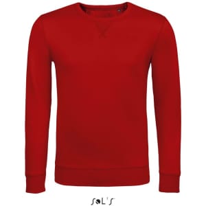 A red unisex round neck sweatshirt made from 100% cotton, featuring a logo at the bottom.