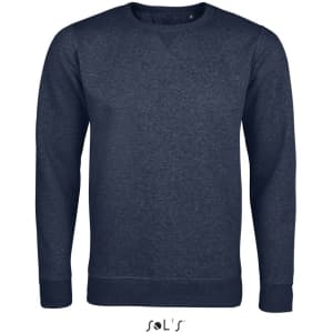 A navy blue unisex round neck sweatshirt made from 100% cotton, featuring long sleeves and a subtle logo.
