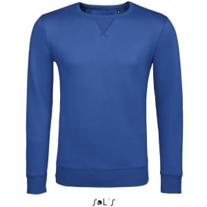 A blue unisex round neck sweatshirt made of 100% cotton, featuring a logo.
