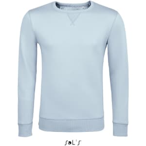 A light blue unisex round neck sweatshirt made from 100% cotton, featuring a logo on the bottom.