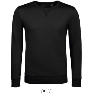 A black unisex round neck sweatshirt made of 100% cotton, featuring a ribbed hem and cuffs. It has a logo on the label.