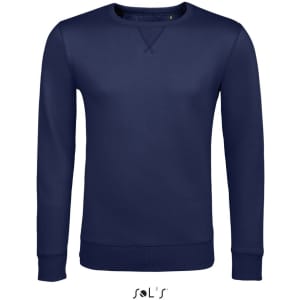 A navy blue unisex round neck sweatshirt made of 100% cotton, featuring a logo at the bottom.