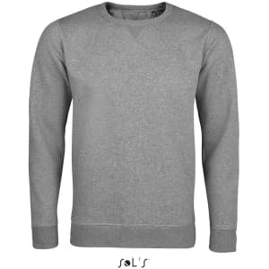 A grey unisex round neck sweatshirt made of 100% cotton with ribbed cuffs and waistband, featuring a logo.