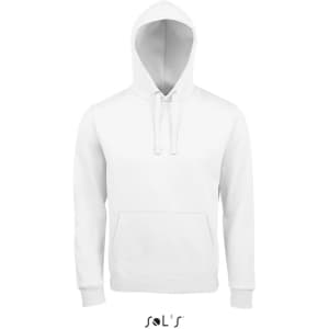 A white unisex hoodie made from 80% ringspun cotton and 20% polyester, featuring a front pocket and a hood.