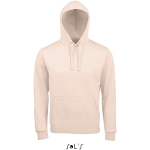 A beige unisex hoodie made of 80% ringspun cotton and 20% polyester, featuring a front pocket and a logo.