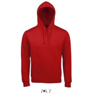 A red unisex hoodie made from 80% ringspun cotton and 20% polyester, featuring a front pocket and a hood.