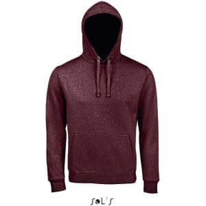 A maroon unisex hoodie made of 80% ringspun cotton and 20% polyester, featuring a front pocket and a hood.