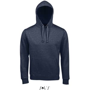 A unisex navy hoodie made of 80% ringspun cotton and 20% polyester, featuring a front pocket and a hood.