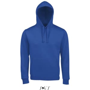 A unisex hoodie in vibrant blue, made from 80% ringspun cotton and 20% polyester, featuring a front pocket and a hood.