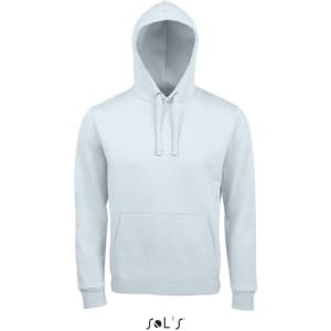 A light blue unisex hoodie made of 80% ringspun cotton and 20% polyester, featuring a front pocket and hood.
