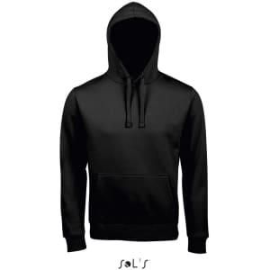 A black unisex hoodie made of 80% ringspun cotton and 20% polyester, featuring a front pocket and a hood.