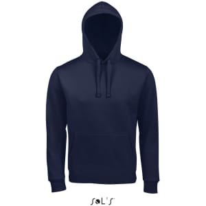 A unisex navy hoodie made from 80% ringspun cotton and 20% polyester, featuring a front pocket and a hood.