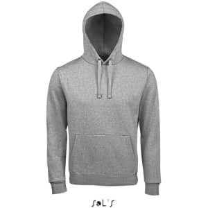 A grey unisex hoodie made of 80% ringspun cotton and 20% polyester, featuring a front pocket and hood.