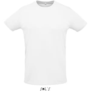 A white unisex T-shirt made from 100% polyester, featuring a logo at the bottom.