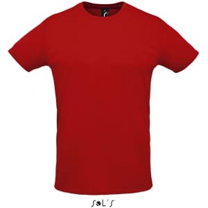 A red unisex T-shirt made from 100% polyester, featuring a logo on the label.