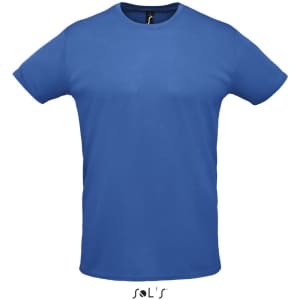 A blue unisex T-shirt made from 100% polyester, featuring a logo at the neck.