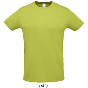 A unisex T-shirt in bright lime green, made from 100% polyester, featuring a logo on the label.