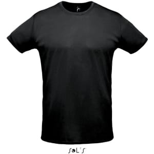A black unisex T-shirt made from 100% polyester, featuring a logo.