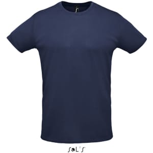 A navy blue unisex T-shirt made of 100% polyester with a logo on the front.