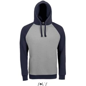A two-tone hoodie featuring unisex raglan sleeves in grey and navy, made from 80% ring spun cotton and 20% polyester.