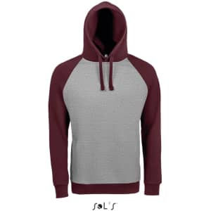 A two-tone hoodie with raglan sleeves in grey and burgundy, made from 80% ring spun cotton and 20% polyester.