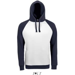 A two-tone unisex hoodie featuring raglan sleeves, in navy blue and white, with a kangaroo pocket and a hood.