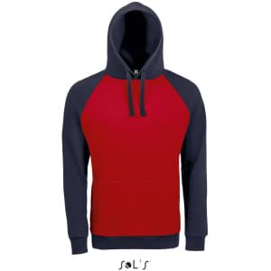 A two-tone unisex hoodie with raglan sleeves, featuring red and navy blue colours. It has a front pocket and a hood.