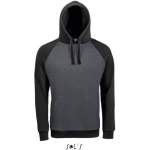 A two-tone unisex hoodie featuring raglan sleeves in grey and black, made from 80% ring spun cotton and 20% polyester.