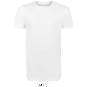 A white men's long-length T-shirt with a simple design and a logo at the bottom.